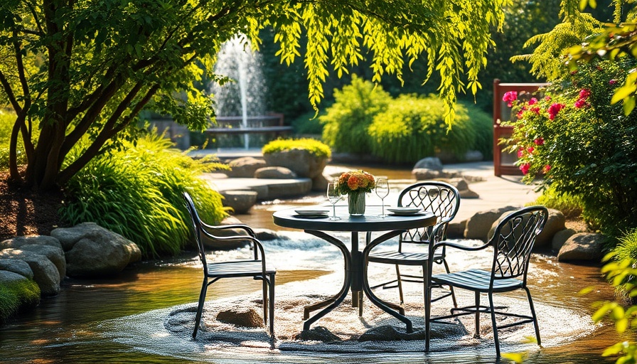 Outdoor dining in garden stream, current inspirations for home decor.
