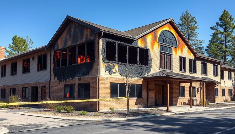 Fire-damaged senior living facility exterior, caution tape shows fire safety importance.