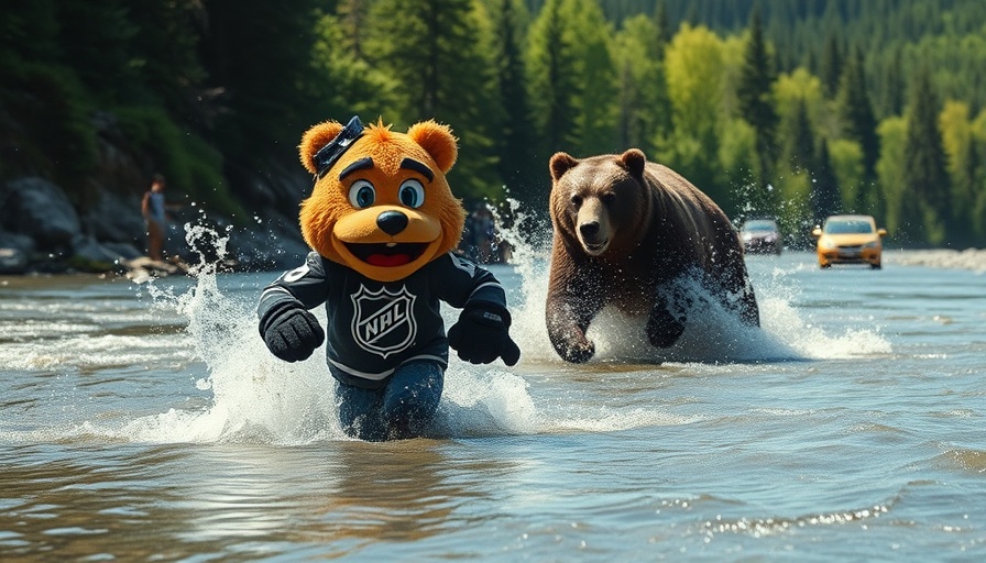 NHL mascot comically pursued by bear in river.