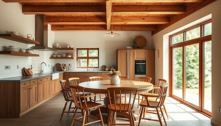 Rustic modernism kitchen with wooden table and chairs, natural light.
