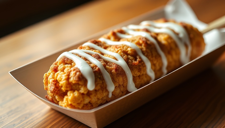 Close-up cinnamon cereal corn dog drizzled with icing.