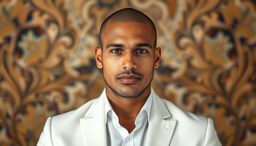 Confident man in white suit with patterned background