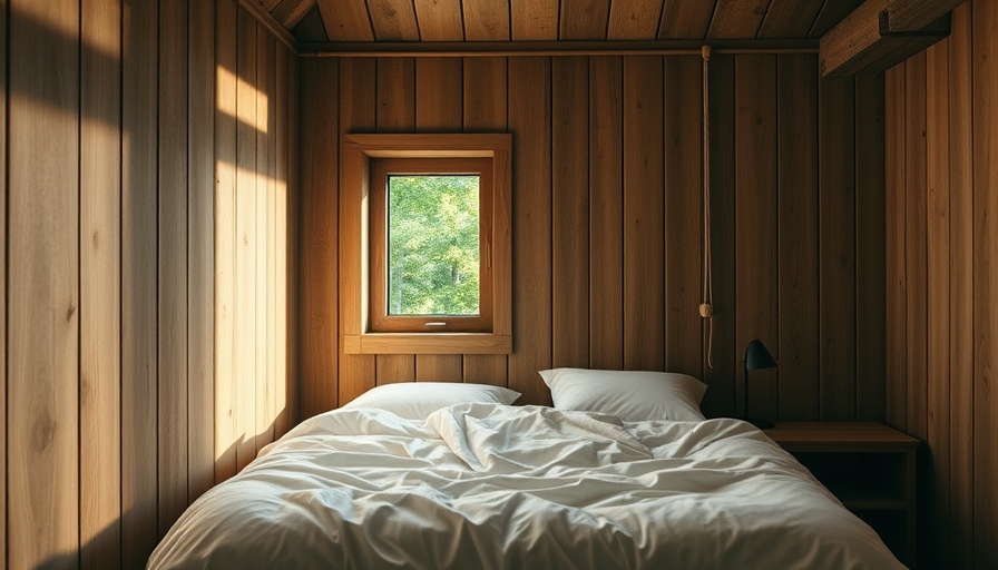 Rustic Danish summerhouse design bedroom with wooden walls.