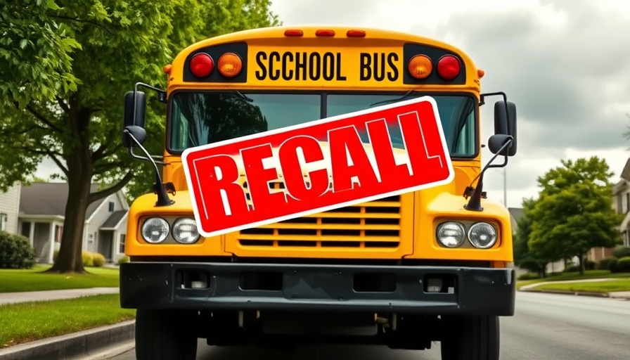 Yellow school bus with recall sign for fire risk issue.