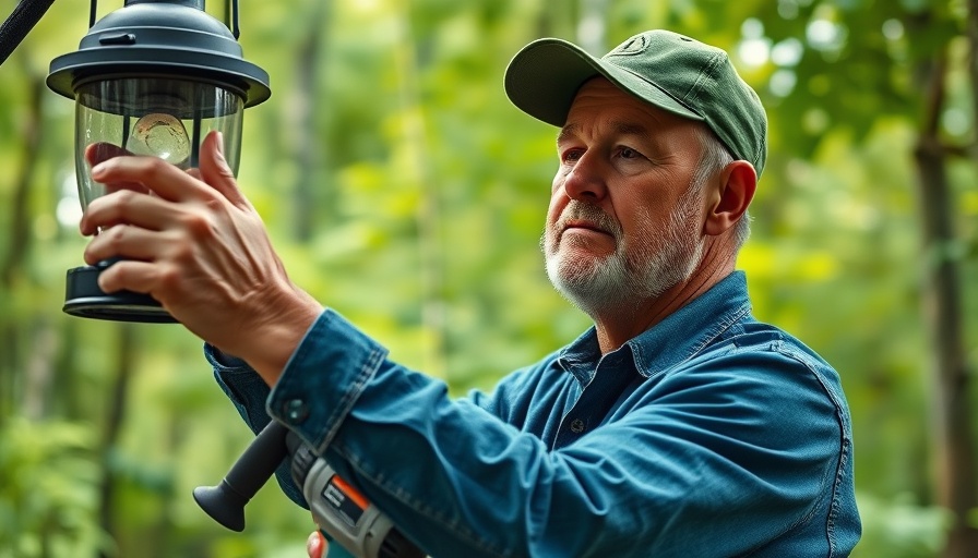 Man using cooling gear adjusting lantern during summer DIY