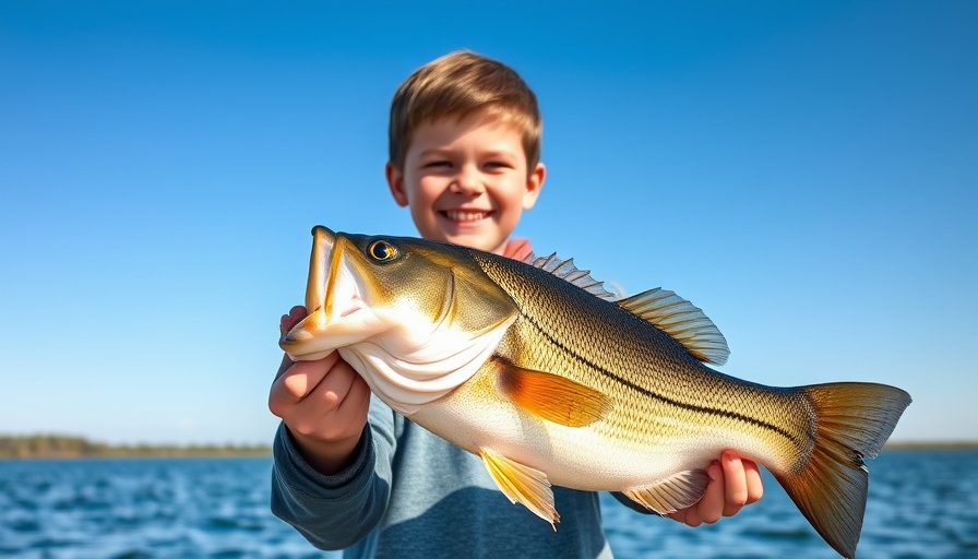 Texas kid holding record breaking bass under clear blue sky.