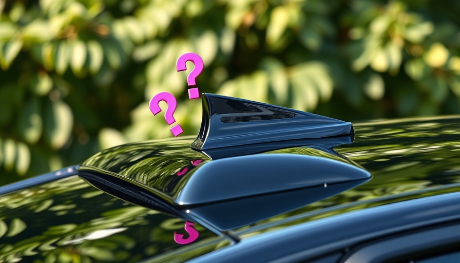 Close-up of car roof's shark fin antenna with question marks.