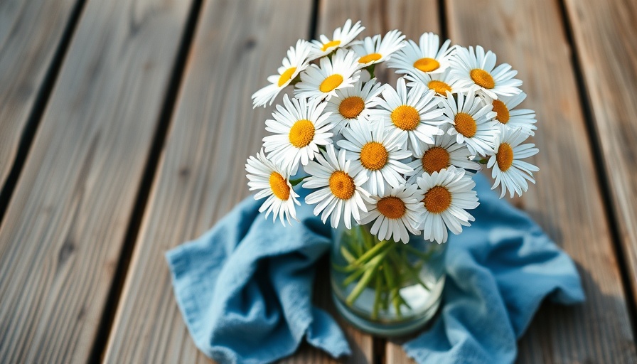 Charming daisies on rustic deck; best souvenirs for the home.