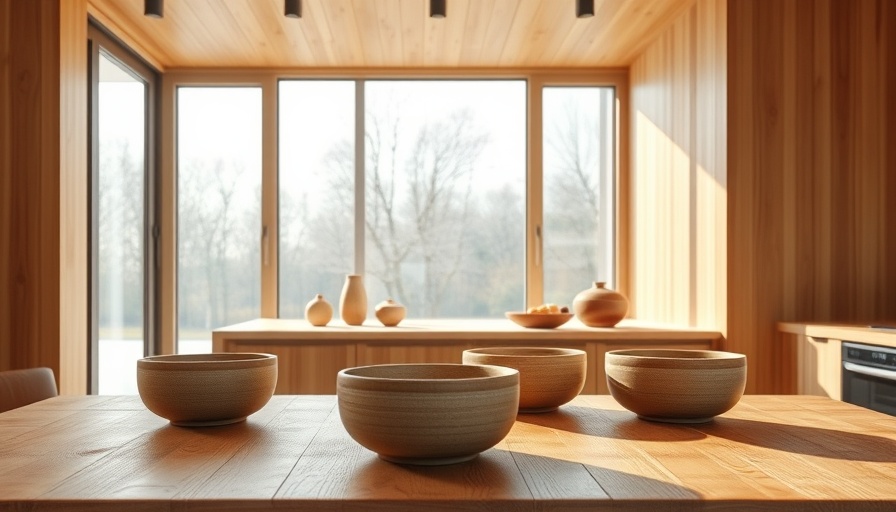 Minimalist kitchen with wooden decor and ceramic bowls.