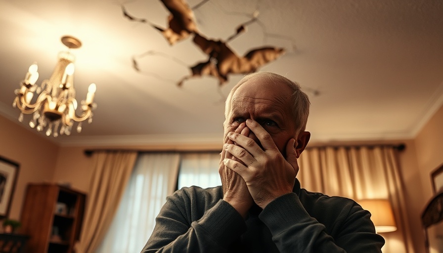 Concerned man notices ceiling crack in living room with chandelier.