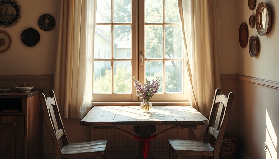 Rustic dining nook with a wooden table in a sunlit Layered and Lived-In Home Design.