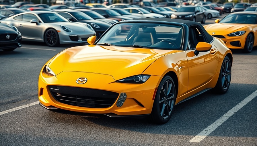 Yellow Mazda Miata representing Tom Matano's legacy in a parking lot.