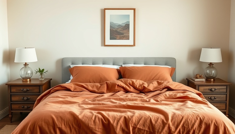 Terracotta linen bed covers in a minimalist bedroom setting.