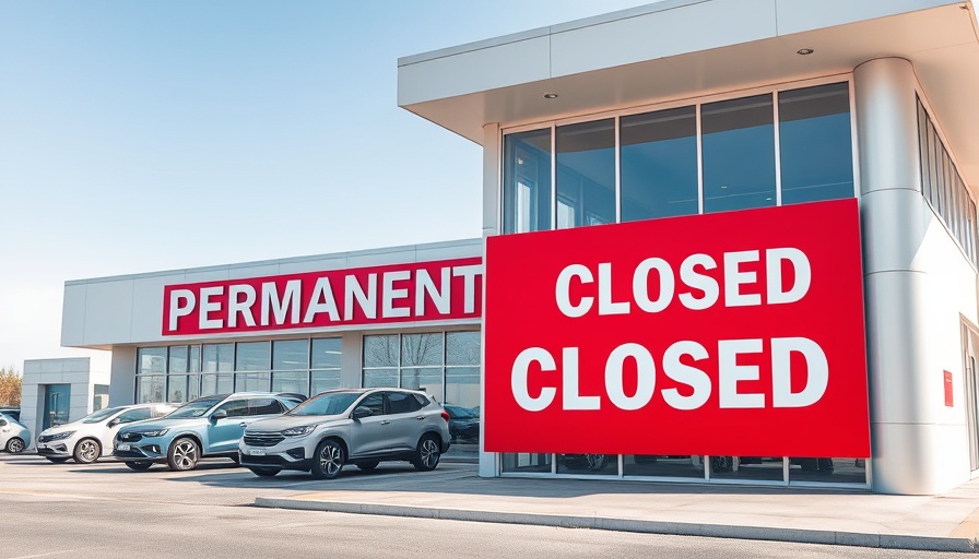 Modern car dealership permanently closed with a large sign.