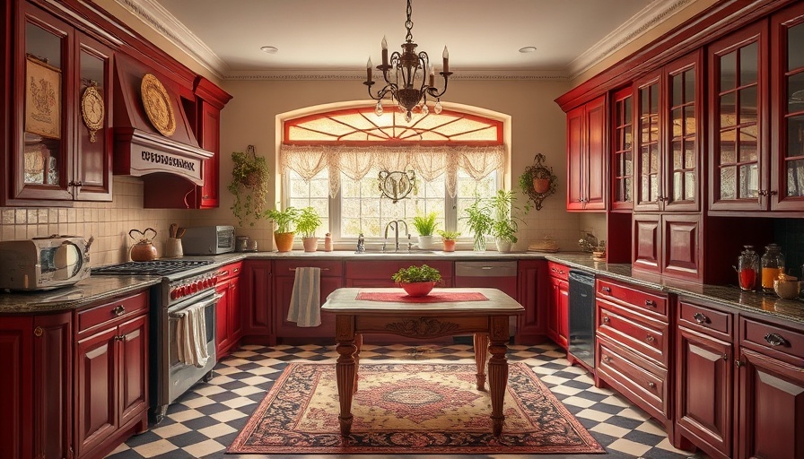 Victorian kitchen design with burgundy cabinets and vintage details.