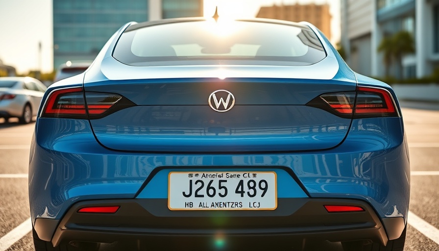 Close-up of electric car with personalized plate; license plate rules.
