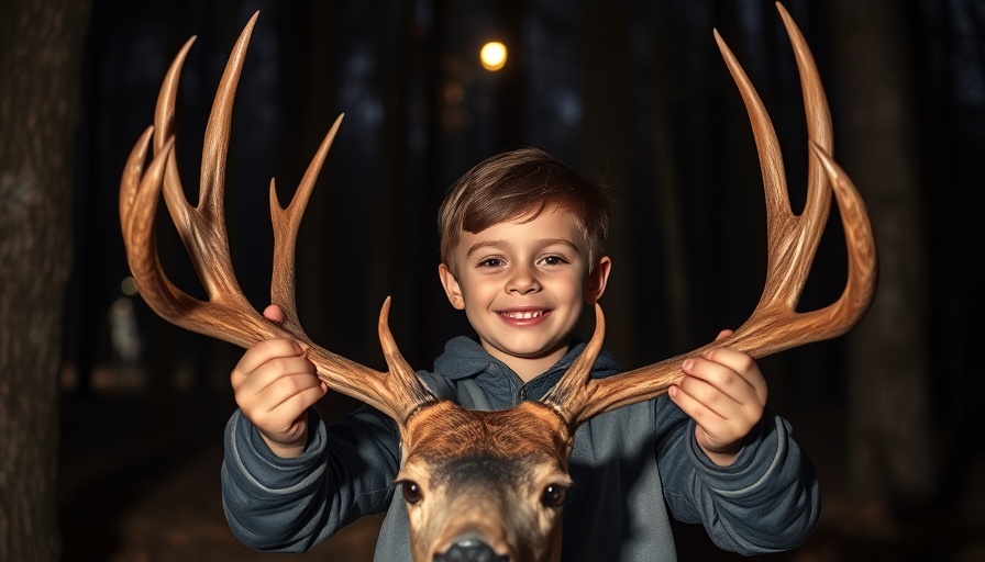Youth proudly displaying deer antlers in a hunting program setting at night.