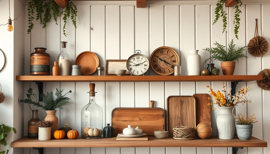 Sweater Weather Home Decor: Rustic vintage items on a shelf with greenery.