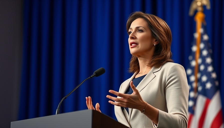 Authoritative woman speaking in front of the American flag.