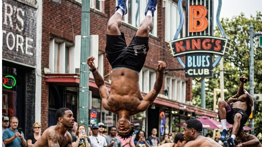 Beale Street Flipper holding roses against sunset.