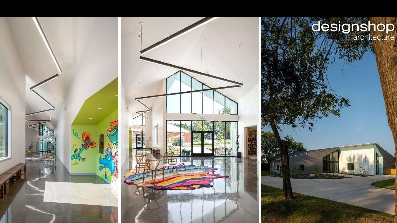 Lamplighter Montessori School in Memphis with daylit hallway, high gabled windows and colorful mural, designed by designshop architecture