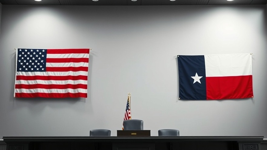 Photorealistic courtroom with USA and Texas flags, symbolizing Texas Bar Association values.