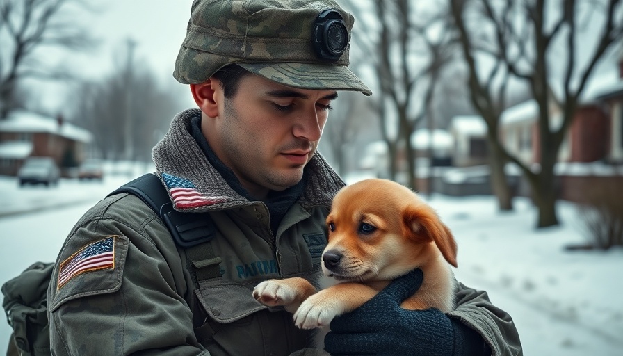 Soldier rescues small dog in winter scene, highlighting climate impacts.