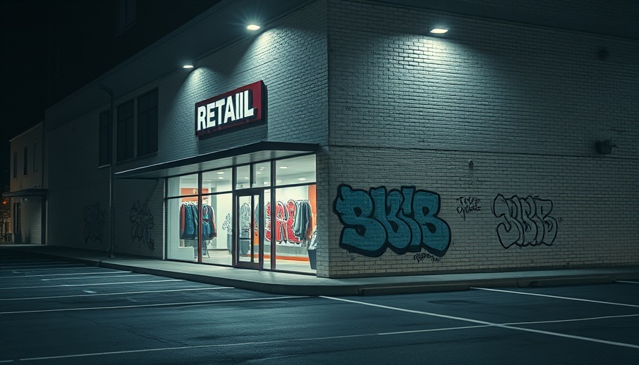 Night view of storefront with graffiti, empty lot, soft glow.