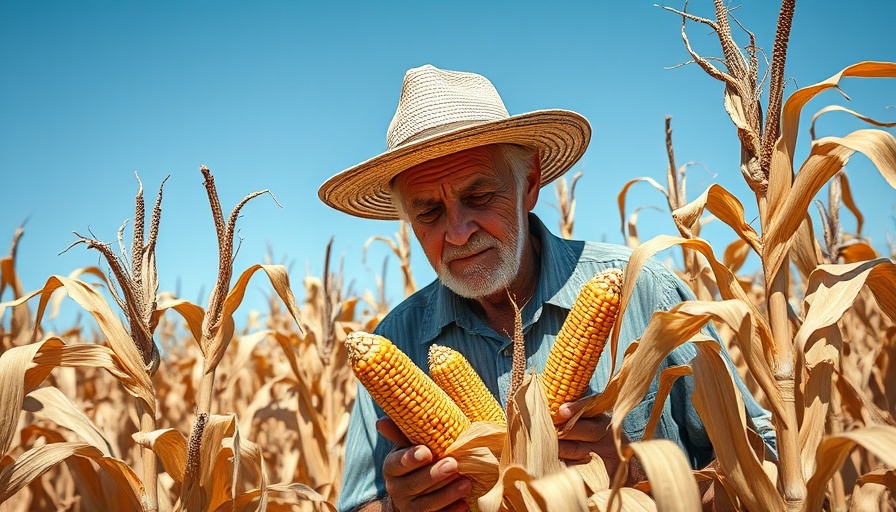 Farmer in Texas drought-stricken cornfield, La Niña effects.