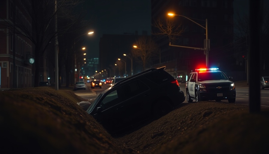 SUV in ditch with police car nearby at night in urban Houston street.