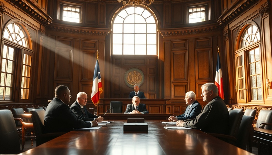 Texas courtroom scene with judges discussing and state flags.