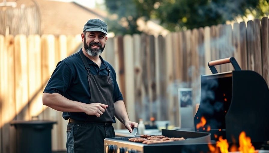 Texas pitmaster grilling in backyard setting.