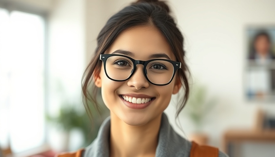 Happy young woman in glasses, natural light, indoor background.