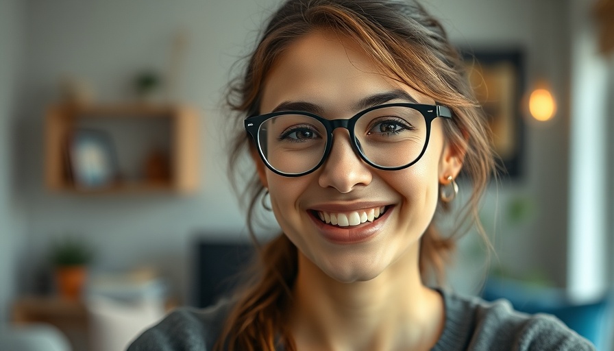 Young woman smiling with glasses, natural lighting.