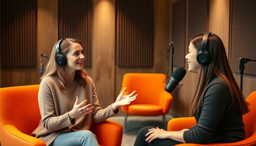 Two women discussing in a modern San Antonio podcast studio.