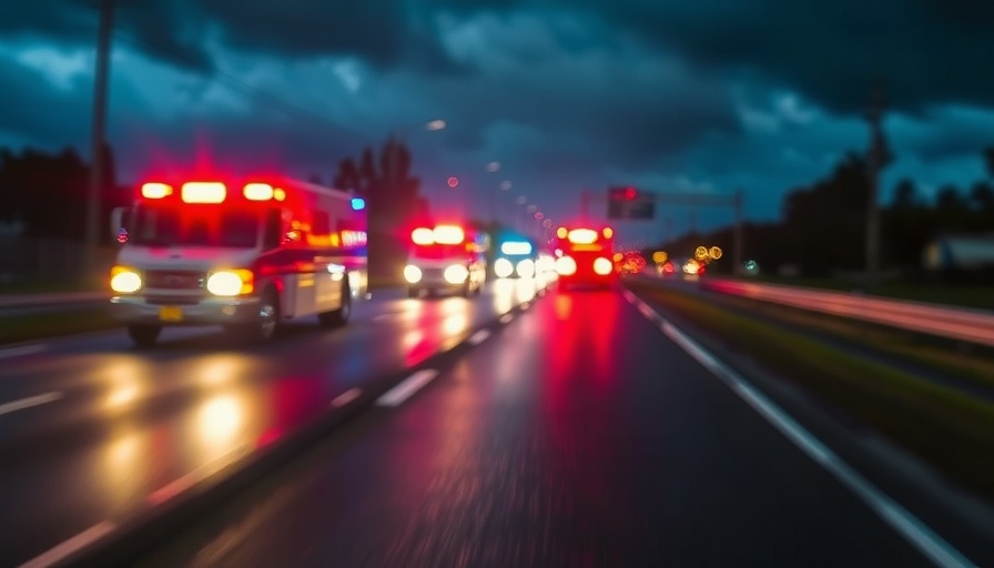 Emergency vehicles on highway in North Texas storm damage at night.