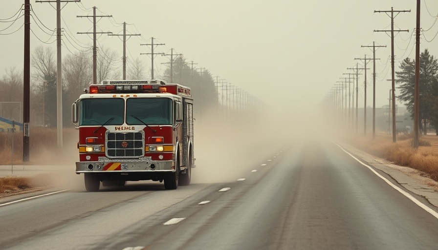 Fire truck on suburban road in hazy conditions.