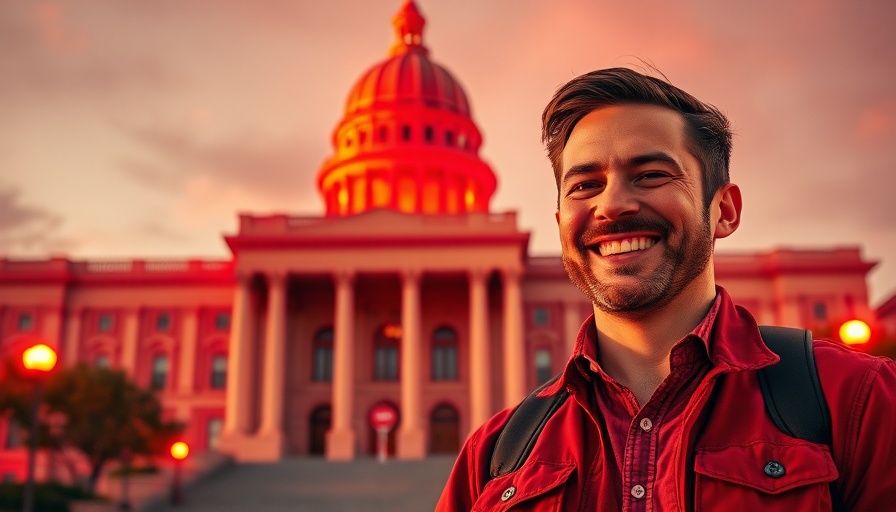 Confident individual in front of Texas Capitol, Texas News, warm red tones.