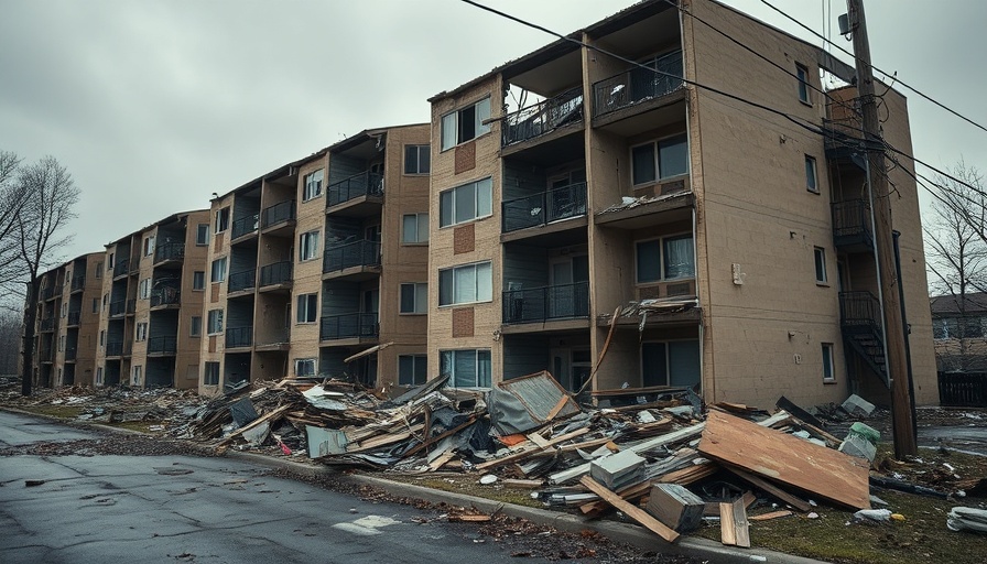 EF-1 tornado Irving damage on apartment with debris and fallen lines.