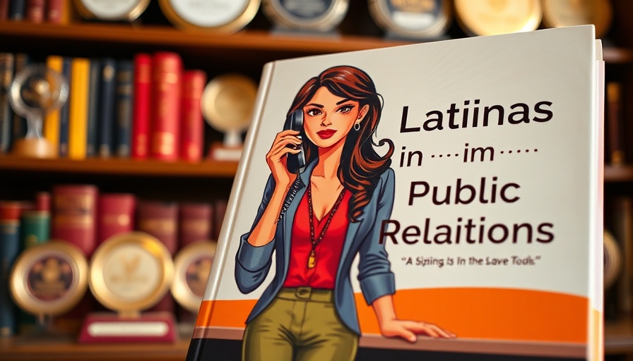 Book 'Latinas in Public Relations' displayed on a shelf with awards.