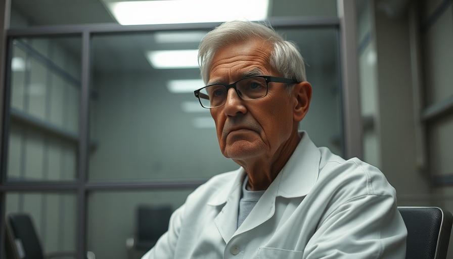 Older man in prison visiting room, solemn expression, white uniform.