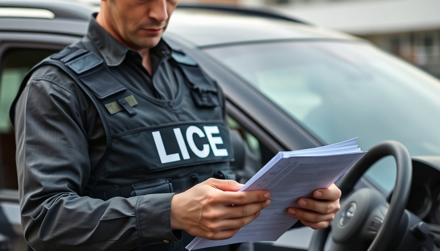 ICE officer in tactical vest reviewing documents