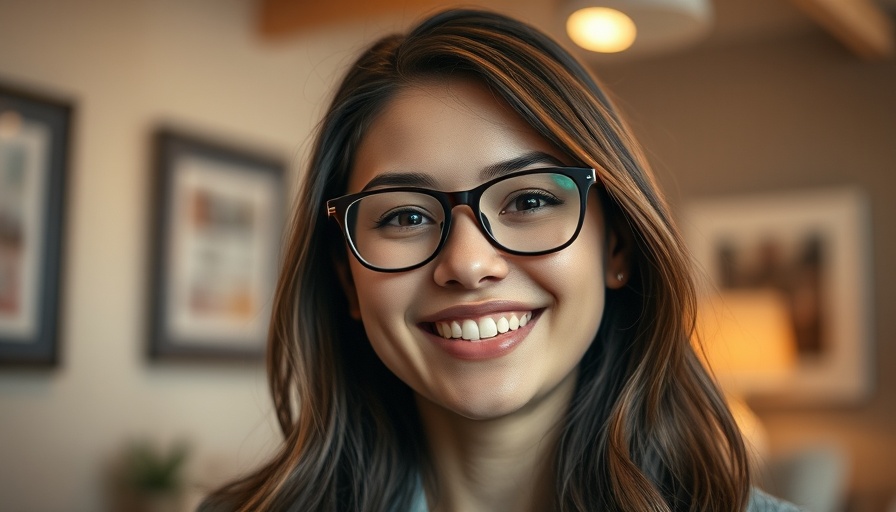 Young woman smiling warmly, indoor setting, with glasses.