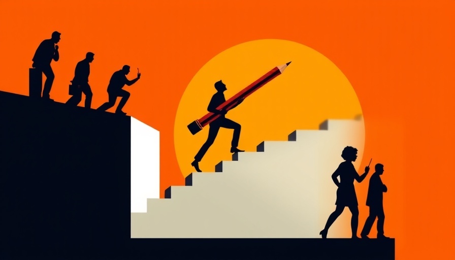 Stylized silhouettes climbing stairs with a pencil symbolize Empowering Employees to Think and Act Like Owners in vector art.