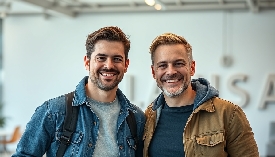 Two men smiling indoors on a magazine cover, modern typography.