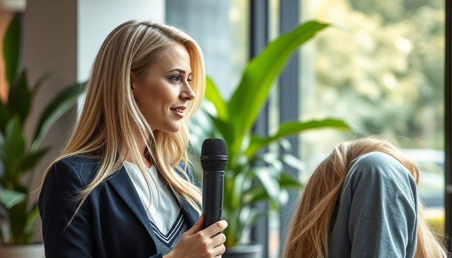 Blonde woman speaking at an event about skincare.