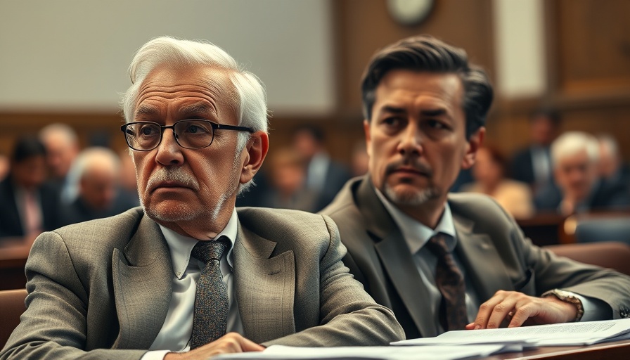 Courtroom scene with two men focused on legal proceedings.