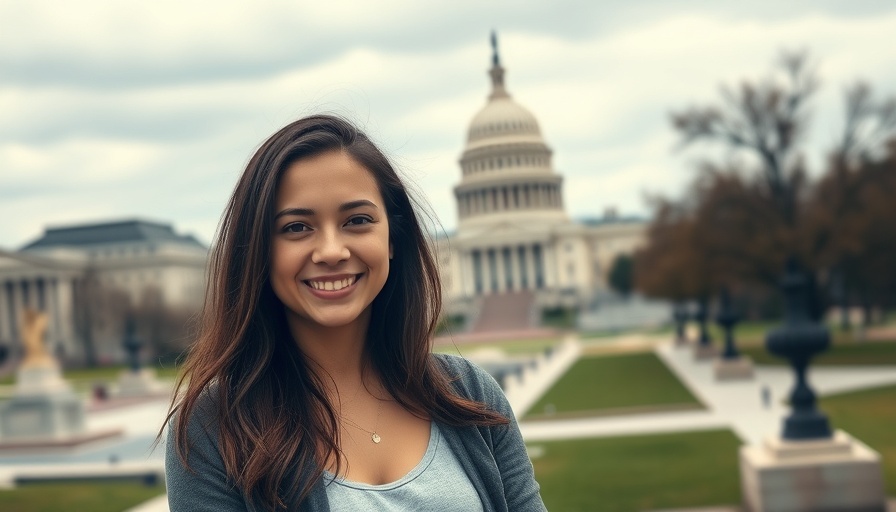 Young woman smiling confidently in front of Washington D.C. Capitol.