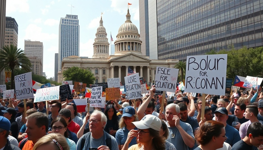 Texas School Vouchers protest with participants holding signs in city.