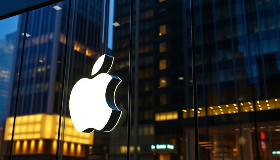 Illuminated Apple logo on glass facade, modern building reflections.